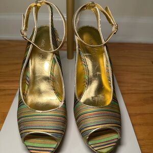 Nine West Striped Multicolor Peep-Toe Slingback Heels with Gold Footbed